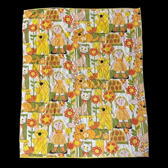 Vintage 1970s Kitschy Handmade Throw Blanket Flower Snail Yellow Orange AS IS - Picture 2 of 10